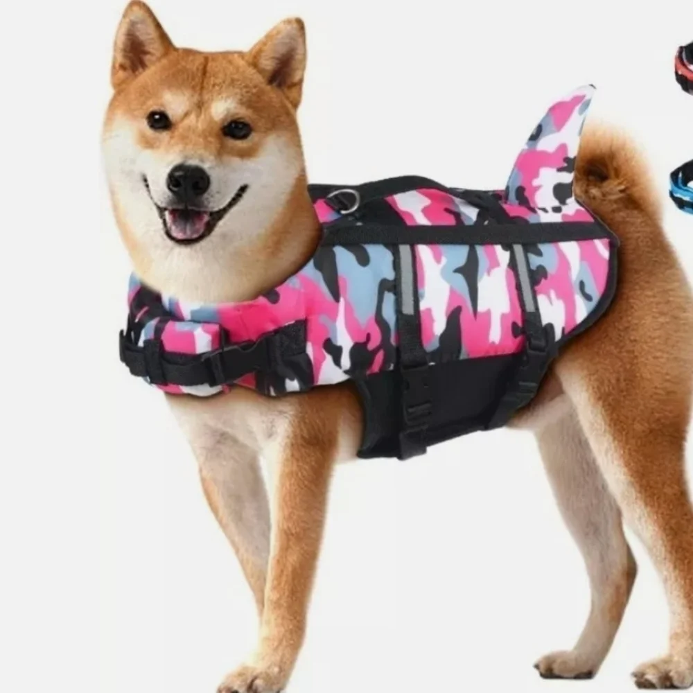 Fragralley Dog Life Jacket Shark Design in Pink Camo Nylon for Large Dogs